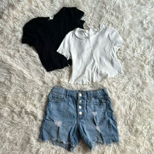 Jordache Jean Shorts & Two Ribbed Tops Bundle Set Size 10